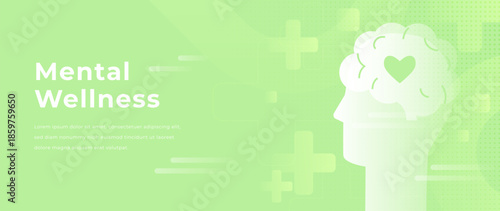 Soft light green mental health background with abstract transparent airy crosses and a human head silhouette with heart icon inside brain shape. Therapy, mindfulness and psychology concept design