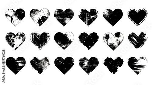 Set of eighteen distressed grunge heart shapes, vector graphic collection featuring various textured black hearts perfect for romantic designs, Valentine's Day, and love-themed projects