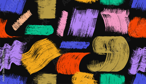 Seamless pattern creative abstract art shapes, doodle objects in grunge style. Hand drawn bold brush drawn colorful zigzag, squiggly lines. Art naive playful vector shapes. Vector seamless pattern.
