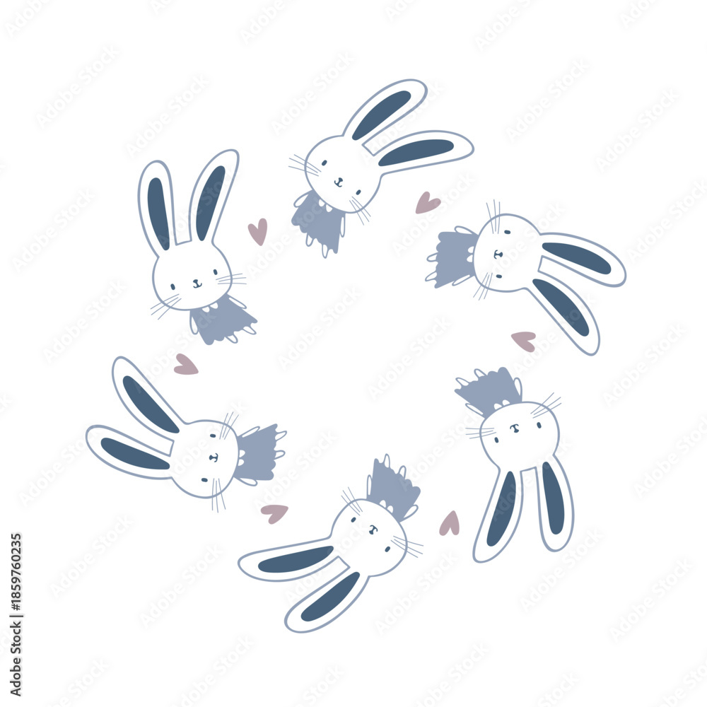 Obraz premium Minimalist round frame of cute Easter bunny, rabbit. Modern decorative vector Easter wreath design perfect for holiday cards, invitations, branding and holiday graphic projects.