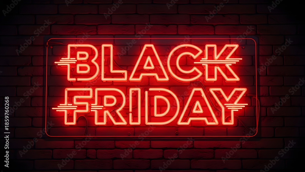 Fototapeta premium Vibrant neon black friday sign on dark brick background
