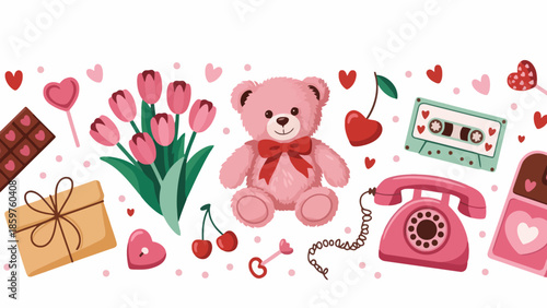 Charming romantic Valentine's Day horizontal illustration with a pink teddy bear, flowers, gifts, and vintage love symbols, perfect for banners and designs