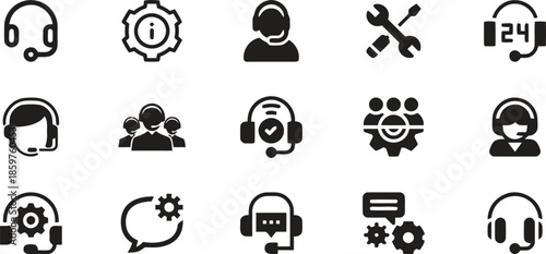 Customer Service Icon Set with Headset Support 24 Hours Information Cogwheel Call Center Settings Chat Technical Assistance Teamwork Solution Repair Help
