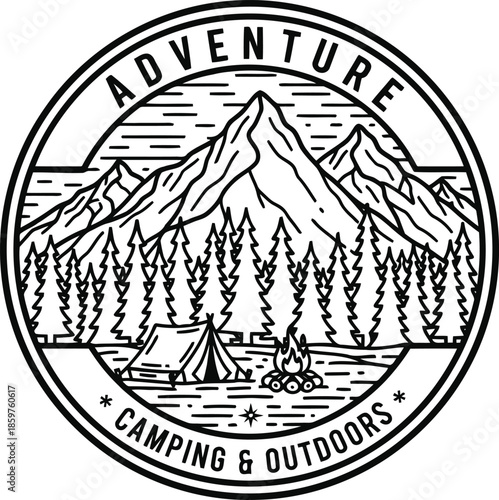 Classic circular badge design featuring majestic mountains, a peaceful camping tent, and a warm campfire set within a dense pine forest, embodying the spirit of outdoor adventure