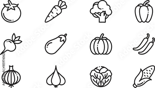 Vegetable Icon Set Vector Line Style Healthy Food Organic Farm Fresh Nutrition Diet Ingredient Culinary Cooking Isolated on Transparent Background