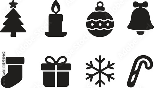 Christmas ornament icons set representing xmas decoration with festive tree and gift bell and stocking present for winter season candle and snowflake holiday celebration vector