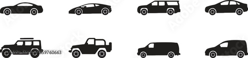 Cars Silhouettes on Transparent Background Set of Vehicles Collection of Different Car Types Automotive Design Modern Transportation Flat Vector Illustrations with Various Car Body Styles