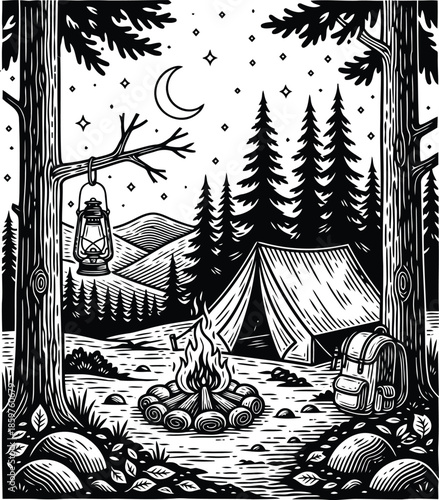 A serene black and white illustration of a cozy campsite scene at night, featuring a tent, campfire, and lantern under a starry sky