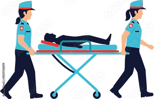 Paramedics transporting a patient on a stretcher with medical equipment