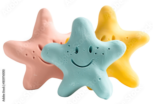 Wallpaper Mural Three smiling stars with visible fingerprints are placed on a transparent background. The stars are colored in pink, blue, and yellow and display happy facial expressions Torontodigital.ca