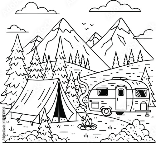 Line art illustration of a mountain camping scene, featuring a travel trailer, tent, and campfire amidst pine trees and rugged peaks for an outdoor adventure