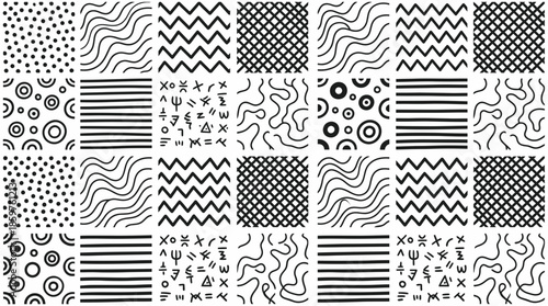 Hand drawn geometric seamless pattern featuring circles, lines, zigzags, dots, and abstract shapes in a black and white tile arrangement, perfect for backgrounds or textile designs