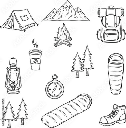 Hand-drawn collection of essential camping equipment and gear for an exciting outdoor adventure, perfect for nature exploration and wilderness trips