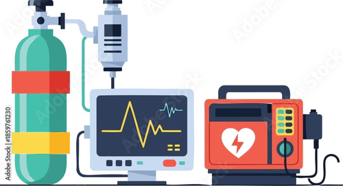 Medical equipment setup for emergency response featuring defibrillator, oxygen tank, and monitor on white background