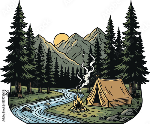 Illustration of wilderness camping with a tent by a river, surrounded by trees and mountains under a sun, symbolizing outdoor adventure and natural escape