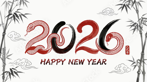 Elegant 2026 new year illustration with snake shaped numbers, traditional chinese brush style, bamboo stalks and cloud accents, symbolizing the year of the snake