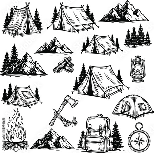Camping adventure icons for outdoor exploration, featuring tents, mountains, campfire, and tools