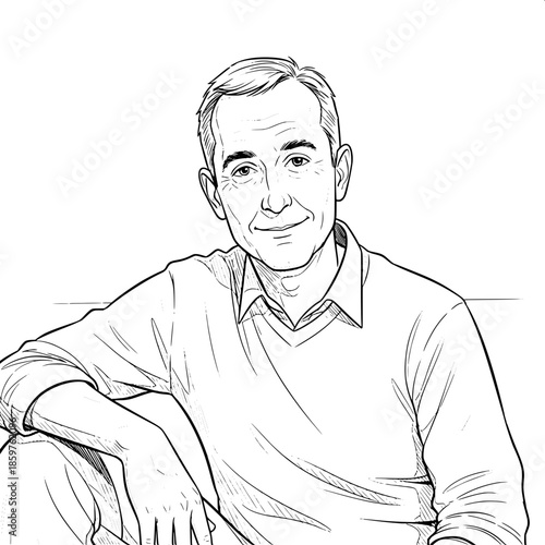 “Graphic line-art illustration of a smiling bald man with rolled-up sleeves, frontal lighting, strong contrast.”