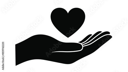 A black silhouette of a hand cradling a heart shape representing care and affection