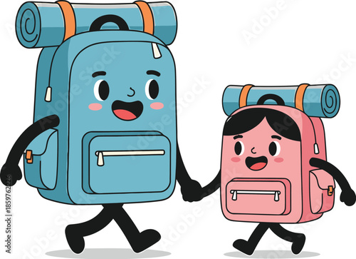 Two anthropomorphic backpacks walking together with rolled up mats on their backs