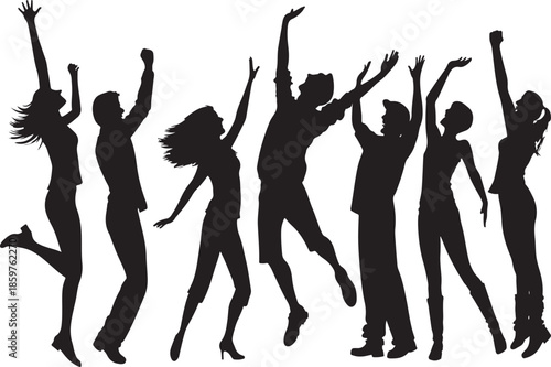 Diverse group of people jumping in celebration and excitement together