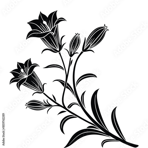 Bellflower bouquet silhouette vector illustration with bell shaped blooms and elegant curved stems floral design