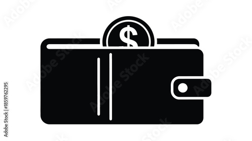 A simple black and white illustration of a wallet with a dollar sign inside