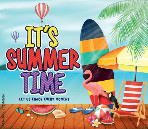 Summer Time Bliss: A vibrant collage evoking the carefree spirit of summer, complete with a surfboard, tropical accents, and inviting elements like a beach chair and sunglasses.
