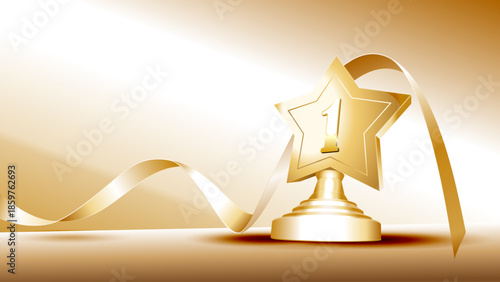 A majestic golden trophy stands on a pedestal, topped with a shining star labeled 1 and a flowing ribbon. Set against a warm beige gradient, it symbolizes ultimate achievement and first-place glory.