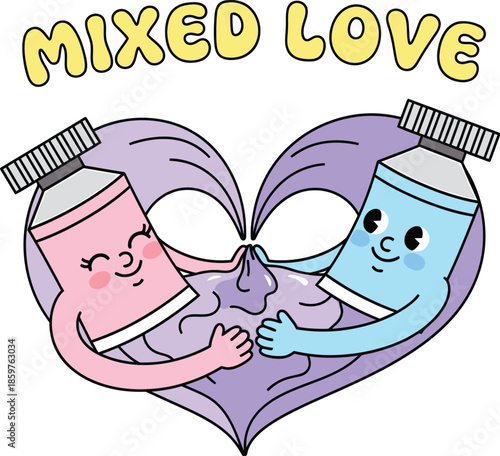 Two Paint Bottles Embracing Inside a Heart Shape Illustration