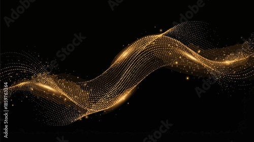 Abstract golden flowing particles create a dynamic wave, glowing with light on a dark background, perfect for technology, science, or futuristic themed designs