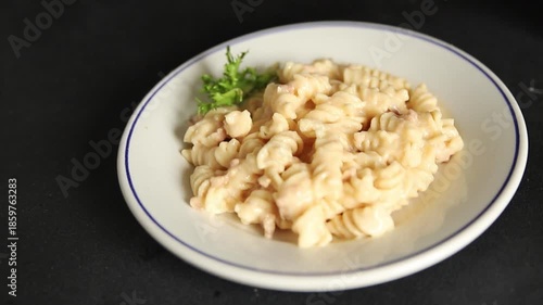 Wallpaper Mural Carbonara pasta fusilli creamy sauce main course Italian cuisine tasty snack fresh delicious gourmet food background on table rustic food top view copy space Torontodigital.ca