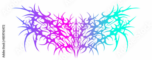 Symmetrical abstract tribal thorn ornament with vibrant gradient colors, blending cyber and gothic aesthetics for modern streetwear prints, digital posters, music visuals, and contemporary branding