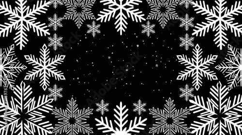 Elegant winter border featuring a frame of detailed white snowflakes on a dark black background, creating a festive and seasonal design element for holiday projects