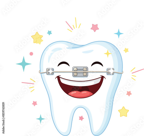 Smiling tooth with orthodontic braces surrounded by colorful stars