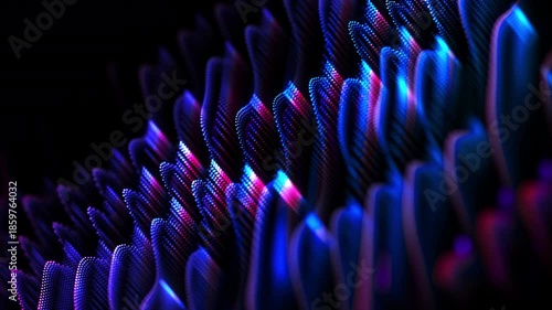 Flowing digital waves and glowing blue and purple lines on black background. Abstract concept of artificial intelligence, neural networks, deep learning and data flow. Seamless looping AI background