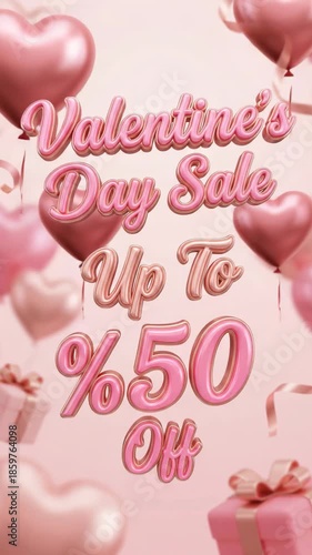 Valentine Day Sale Promotion Banner with Up to 50% Off Text and Pink Hearts 3D Defocused Vertical Video Background