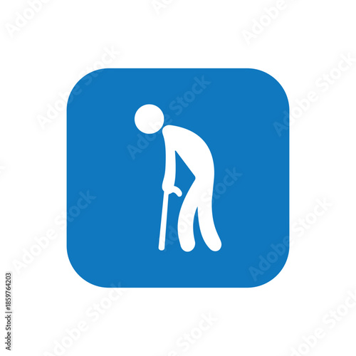 old age icon. Symbol of a person walking with a cane in a square blue background showing support for mobility and accessibility needs. Vector 