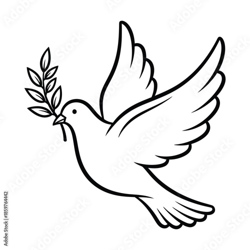 Flying Dove Outline Holding Olive Branch Line Drawing
