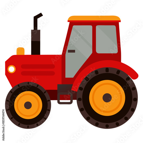 Red Agricultural Tractor Side View.. Flat vector icon isolated on white background