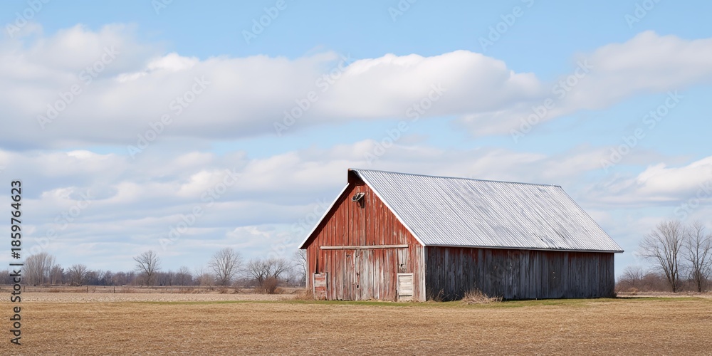 Obraz premium Red barn with a tin roof sits in a field