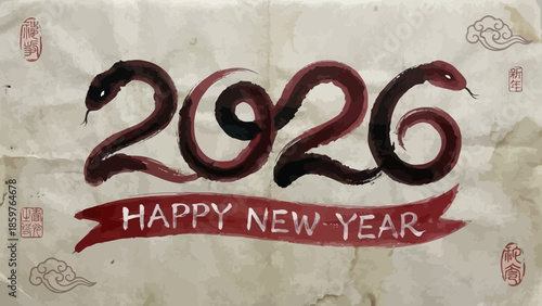Artistic 2026 happy new year illustration with snake numerals on textured beige background, celebrating chinese zodiac year, festive greeting