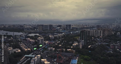 Aerial view of Bandra Kurla Complex (BKC), Mumbai, India, showcasing the city’s prominent financial and commercial district. Beautiful cloudy weather during the monsoon.