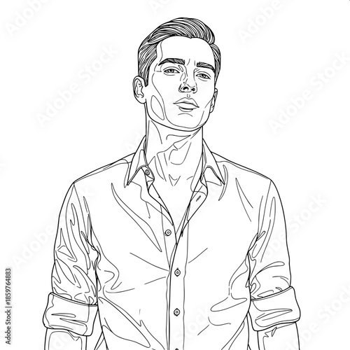 “Stylized line drawing of a man in a button-down shirt, frontal pose, neutral tone background.”