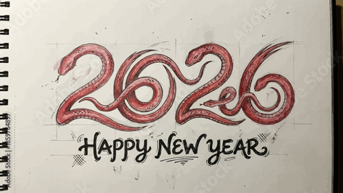 Hand drawn 2026 happy new year illustration, featuring snake shaped numbers on textured paper, symbolizing the year of the snake, artistic sketch style