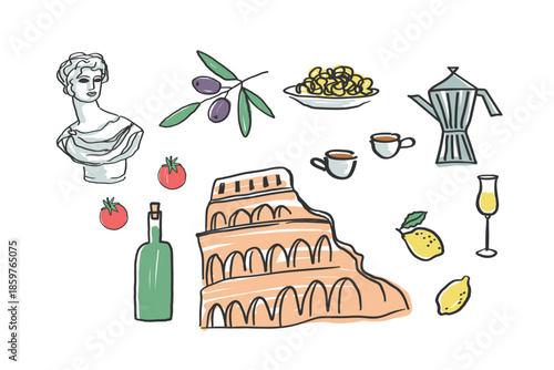 Vector doodle with Italy symbols. Illustrations of famous landmarks, classical statue, Italian food and drinks. Colored sketch style. Travel, tourism, cooking, recreation, culture. For design, cards