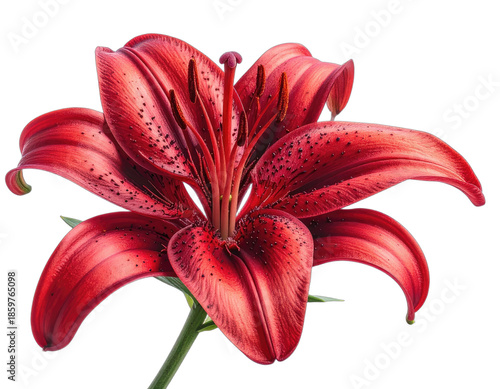Close-up studio shot of a vibrant red lily blossom against a black background