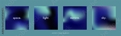 Deep space gradient backgrounds. Dark blue sky with glowing nebula clouds. Abstract night sky banner. Minimal blur galaxy, infinite cosmos backdrop collection. Simple soft dark square vector bg set