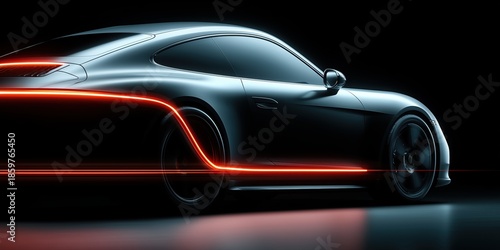 Sleek black sports car with glowing red neon lines on a dark background for automotive advertising.

