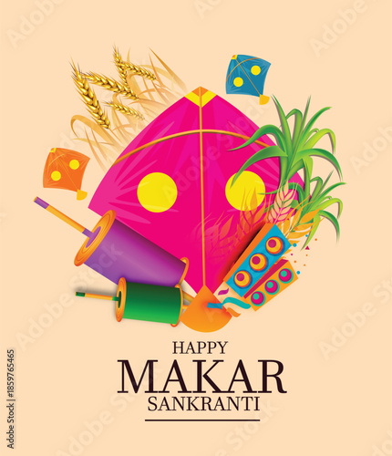 Creative Happy Makar Sankranti Festival Background Decorated with Kites, string for festival of India
